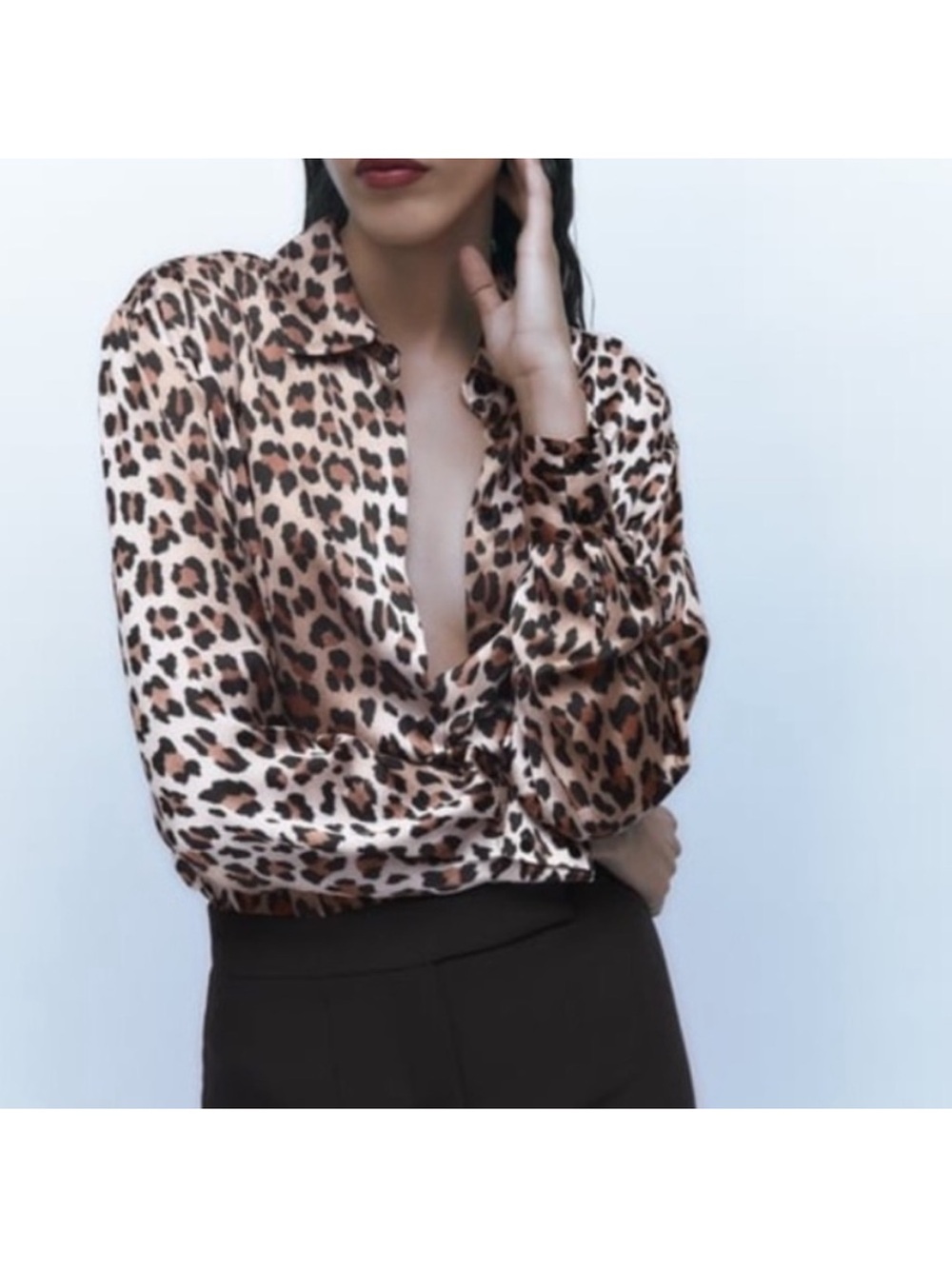 Zara Leopard Print Satin Button-Down Shirt - Beige & Brown